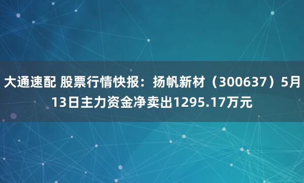 大通速配 股票行情快报：扬帆新材（300637）5月13日主力资金净卖出1295.17万元